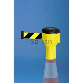 Yellow head for a bollard with a 10 m warning tape
